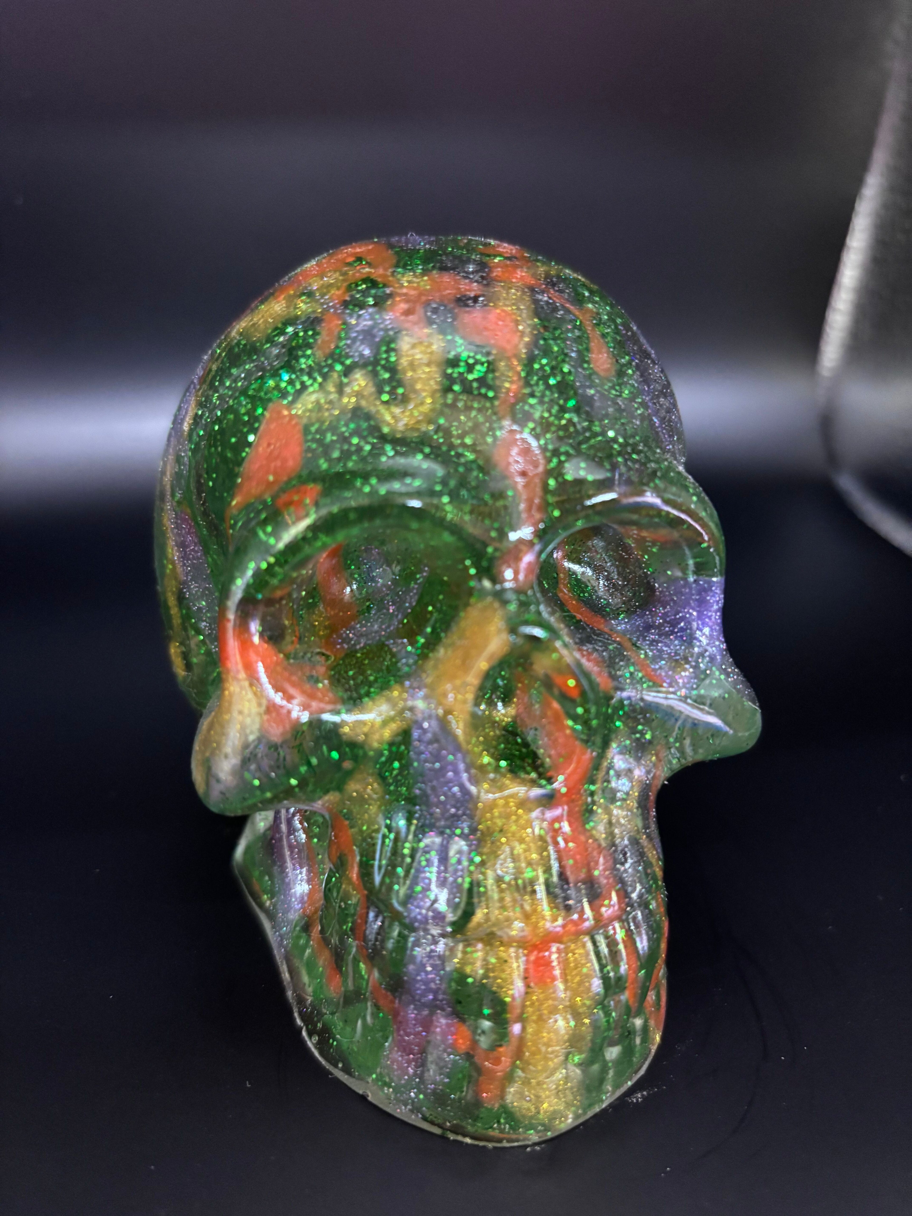 Resin Skull Green with Sparkles and Color Highlights