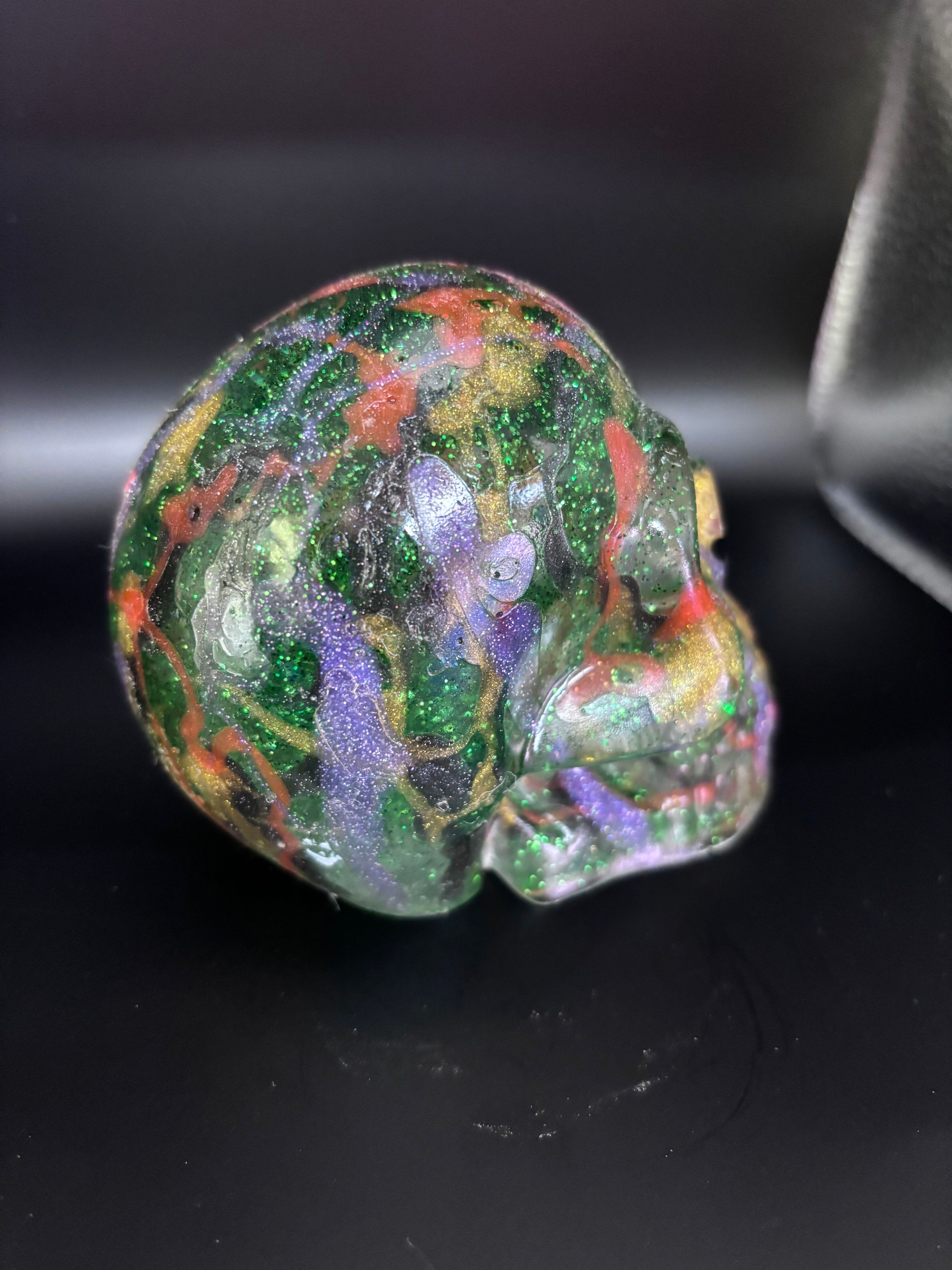 Resin Skull Green with Sparkles and Color Highlights
