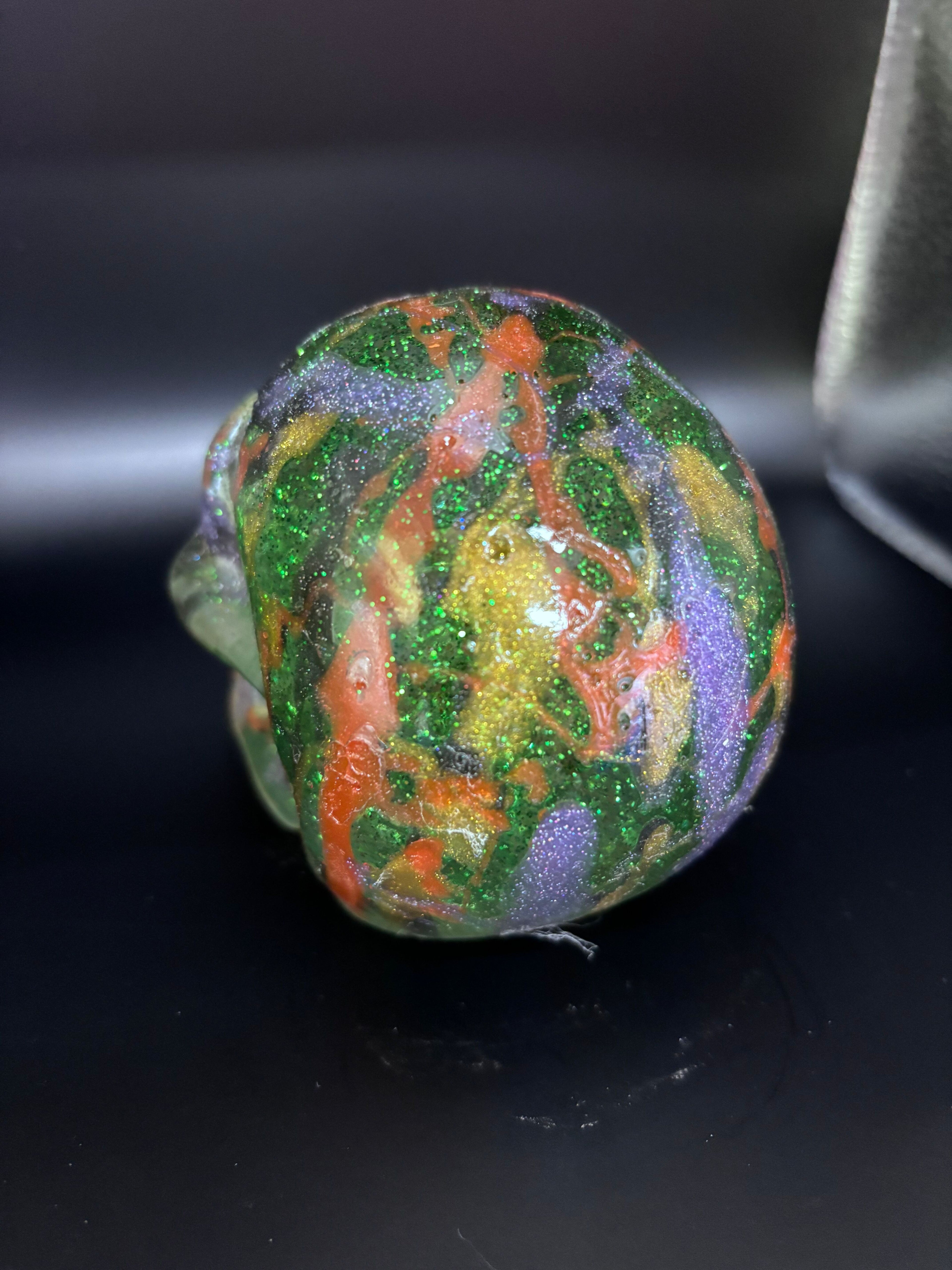 Resin Skull Green with Sparkles and Color Highlights