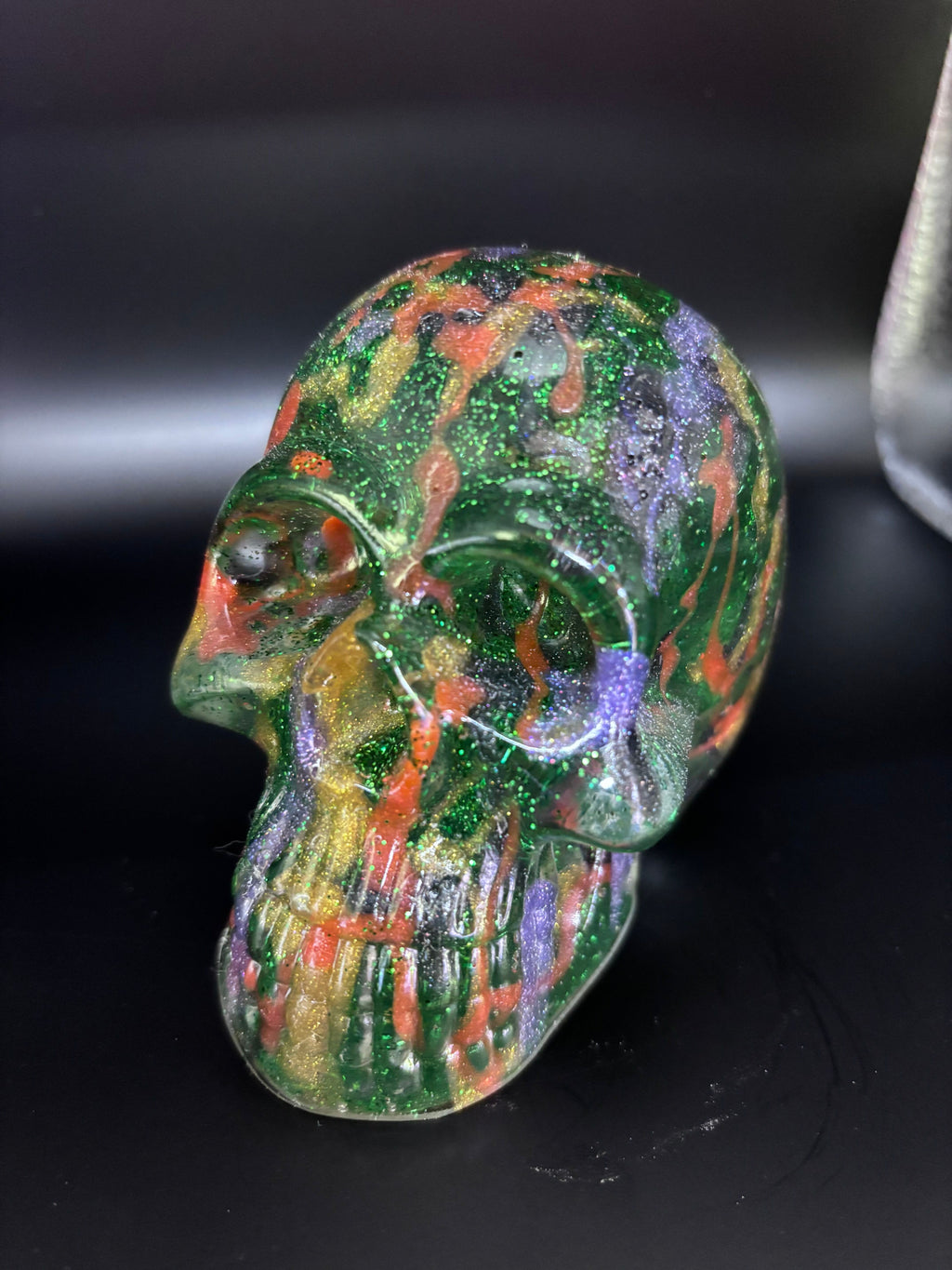 Resin Skull Green with Sparkles and Color Highlights
