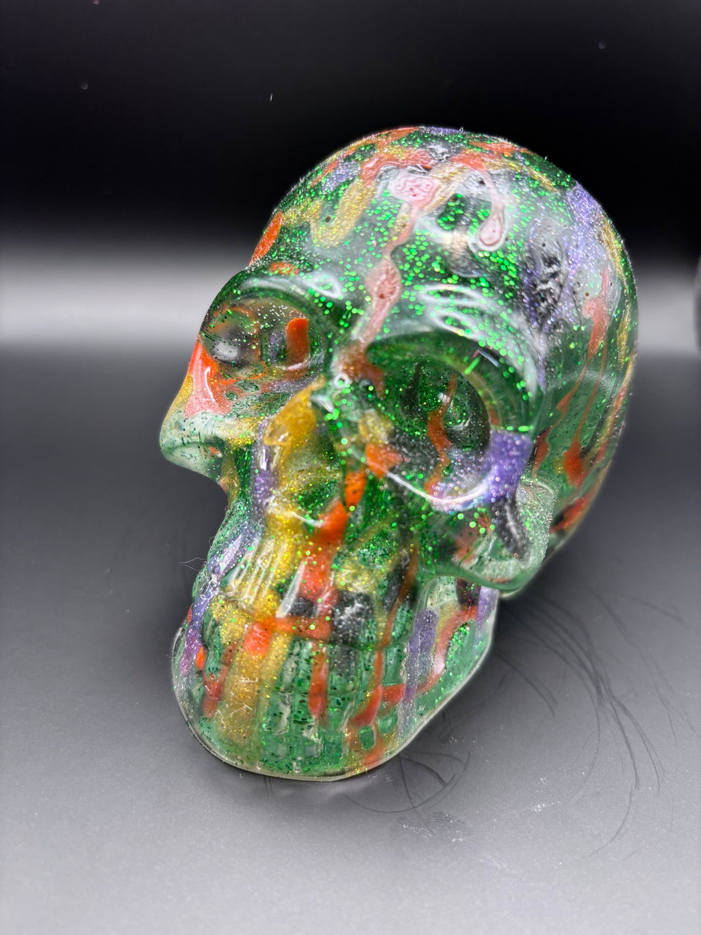 Resin Skull Green with Sparkles and Color Highlights