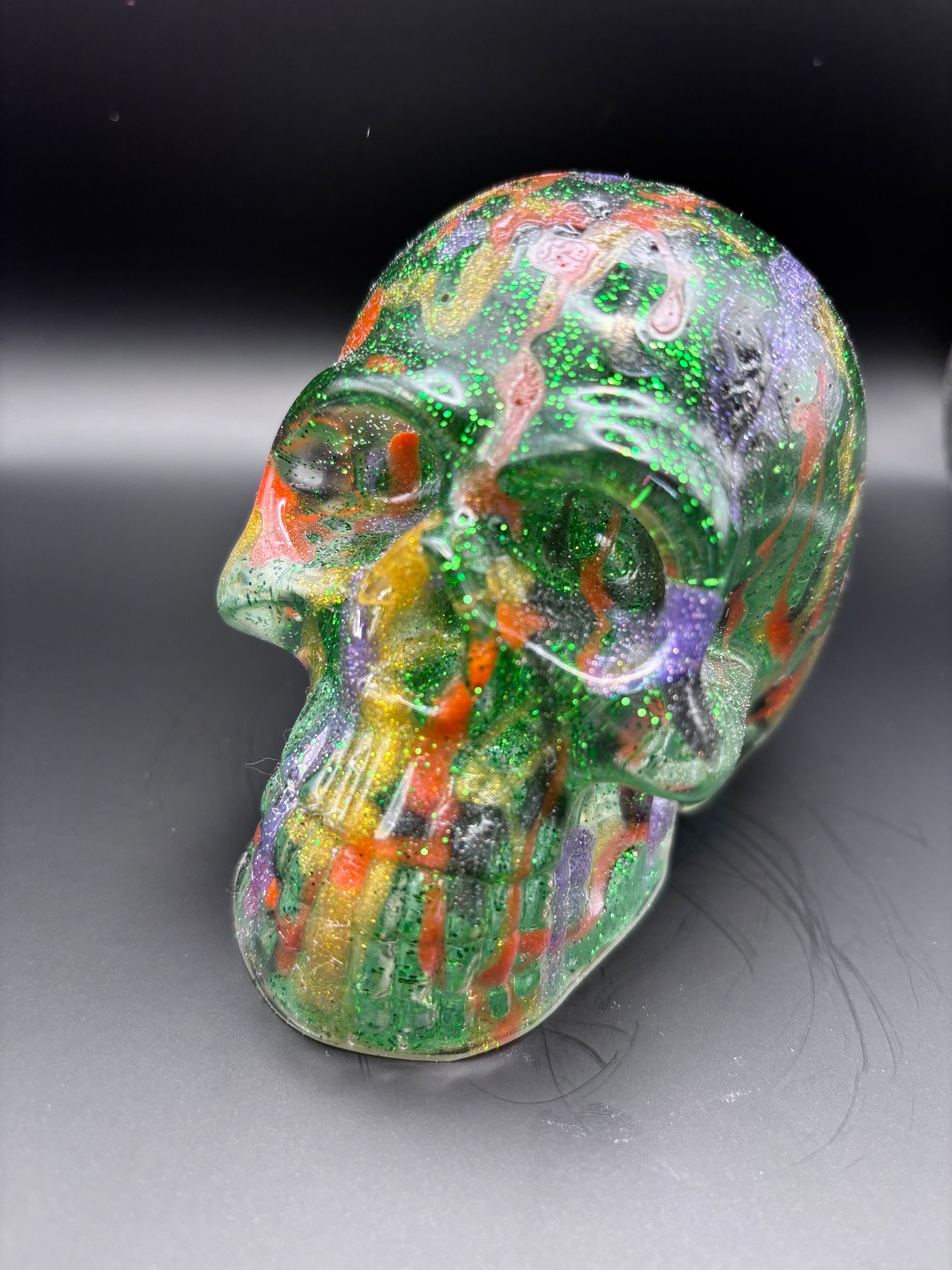 Resin Skull Green with Sparkles and Color Highlights