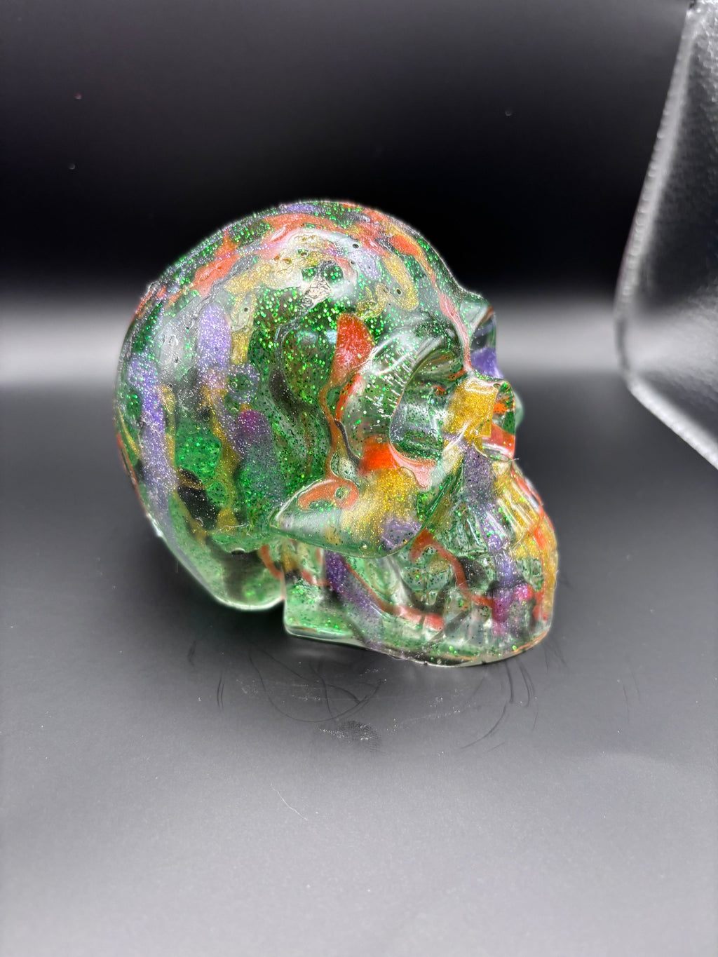 Resin Skull Green with Sparkles and Color Highlights