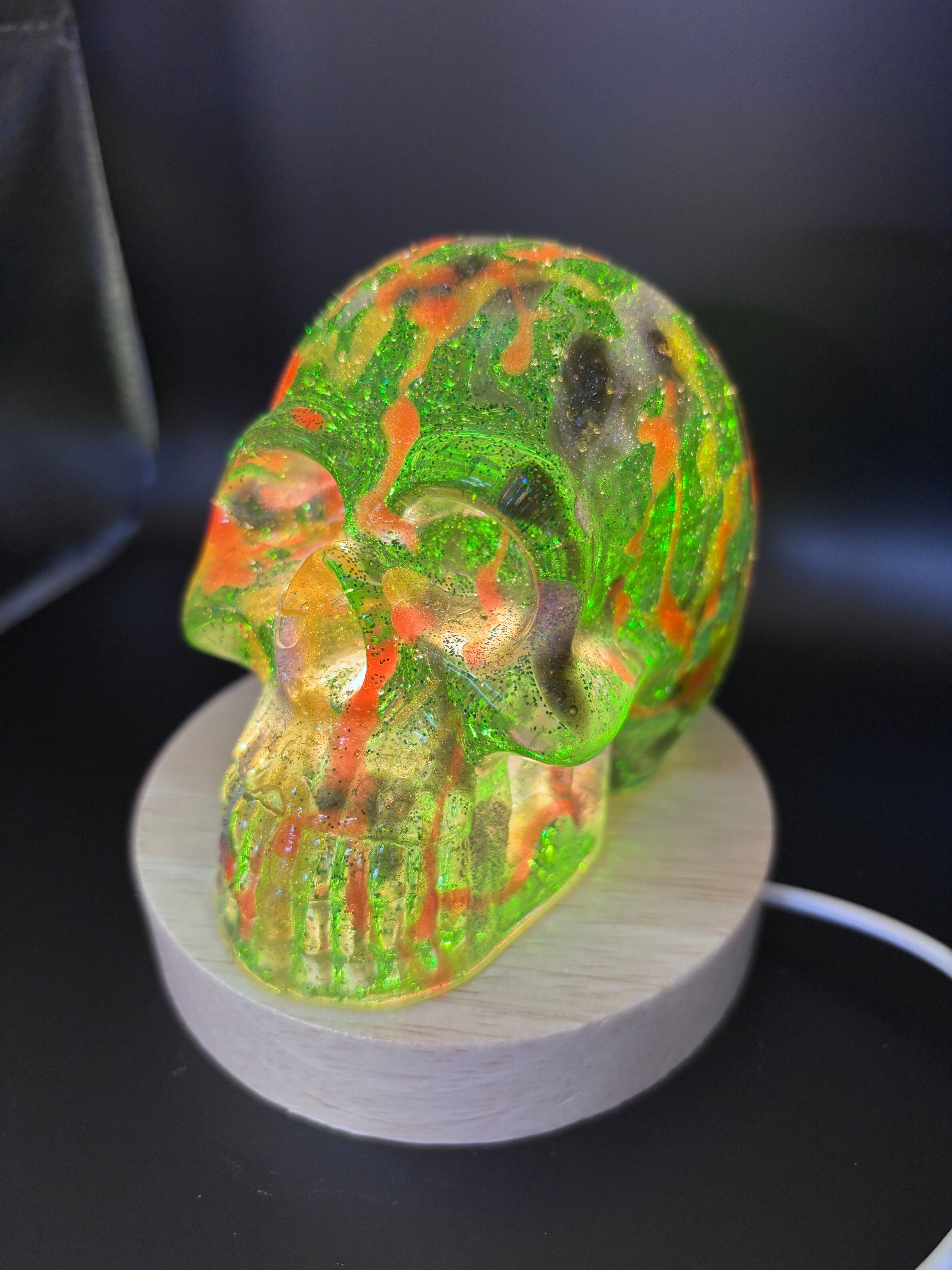 Resin Skull Green with Sparkles and Color Highlights