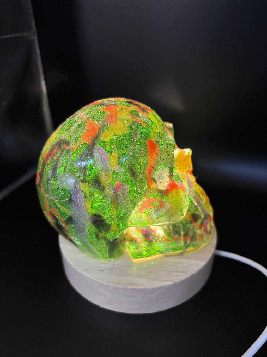 Resin Skull Green with Sparkles and Color Highlights