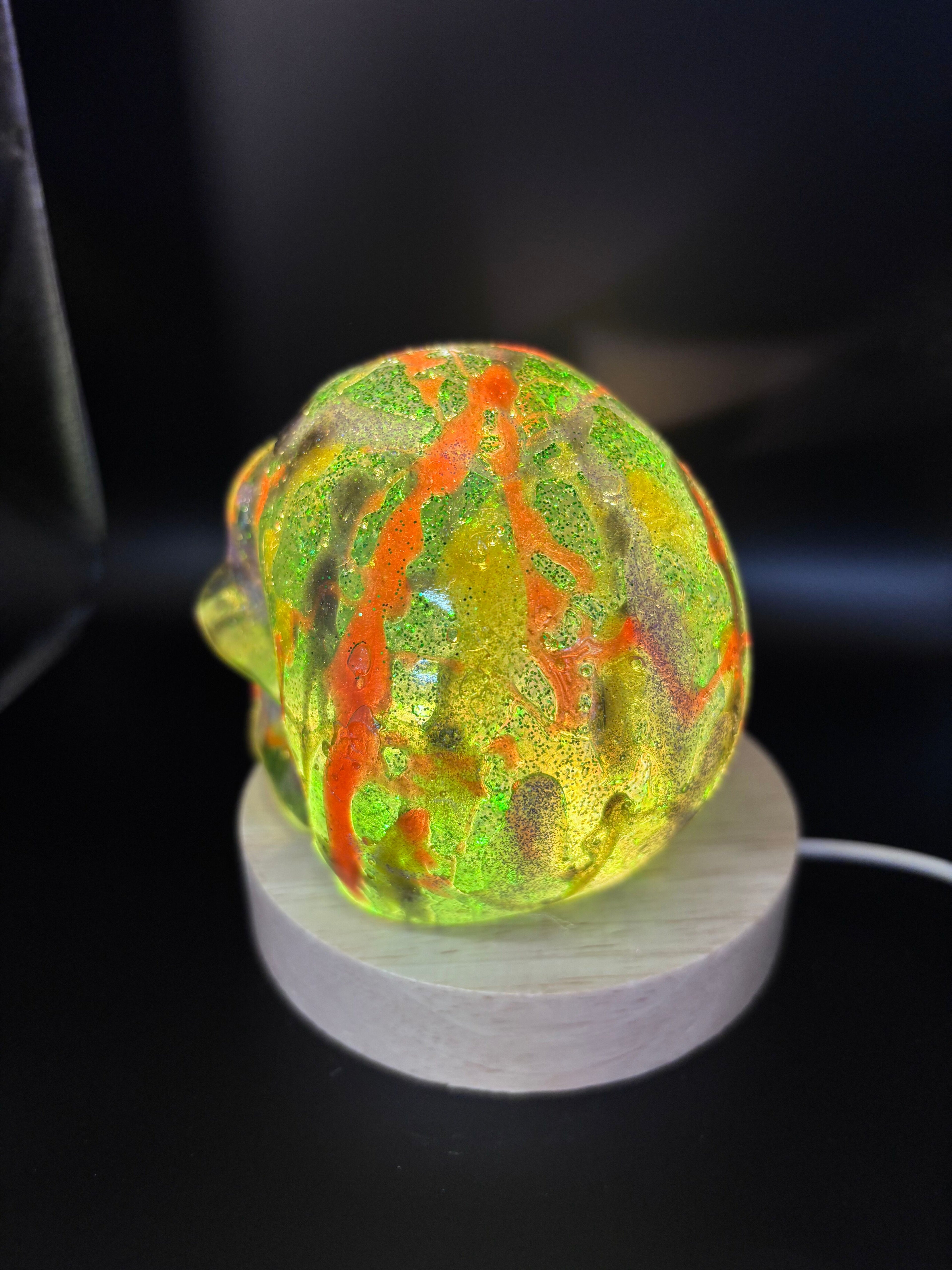 Resin Skull Green with Sparkles and Color Highlights
