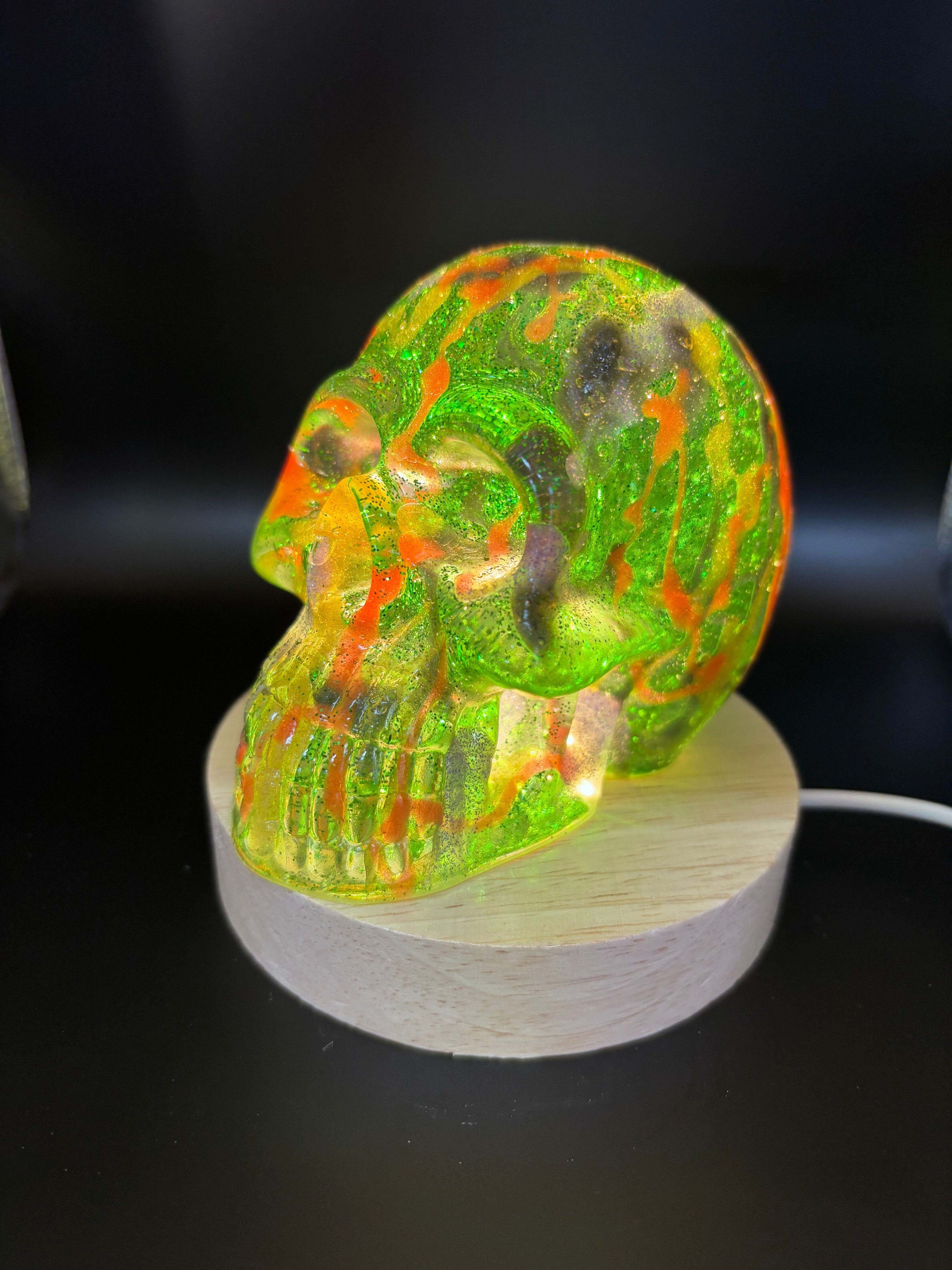 Resin Skull Green with Sparkles and Color Highlights