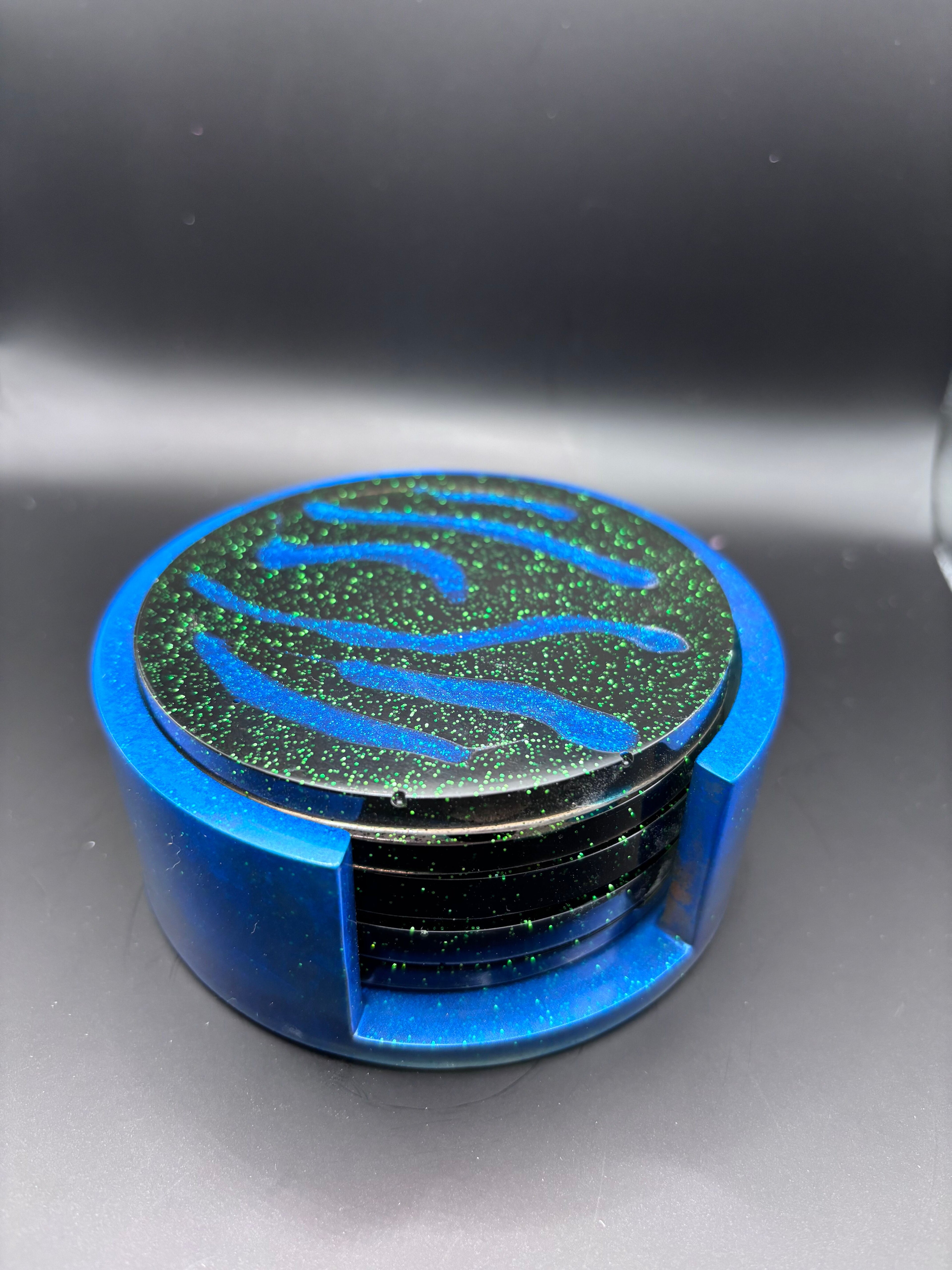 Resin Coasters with Green Sparkles and Blue Lines