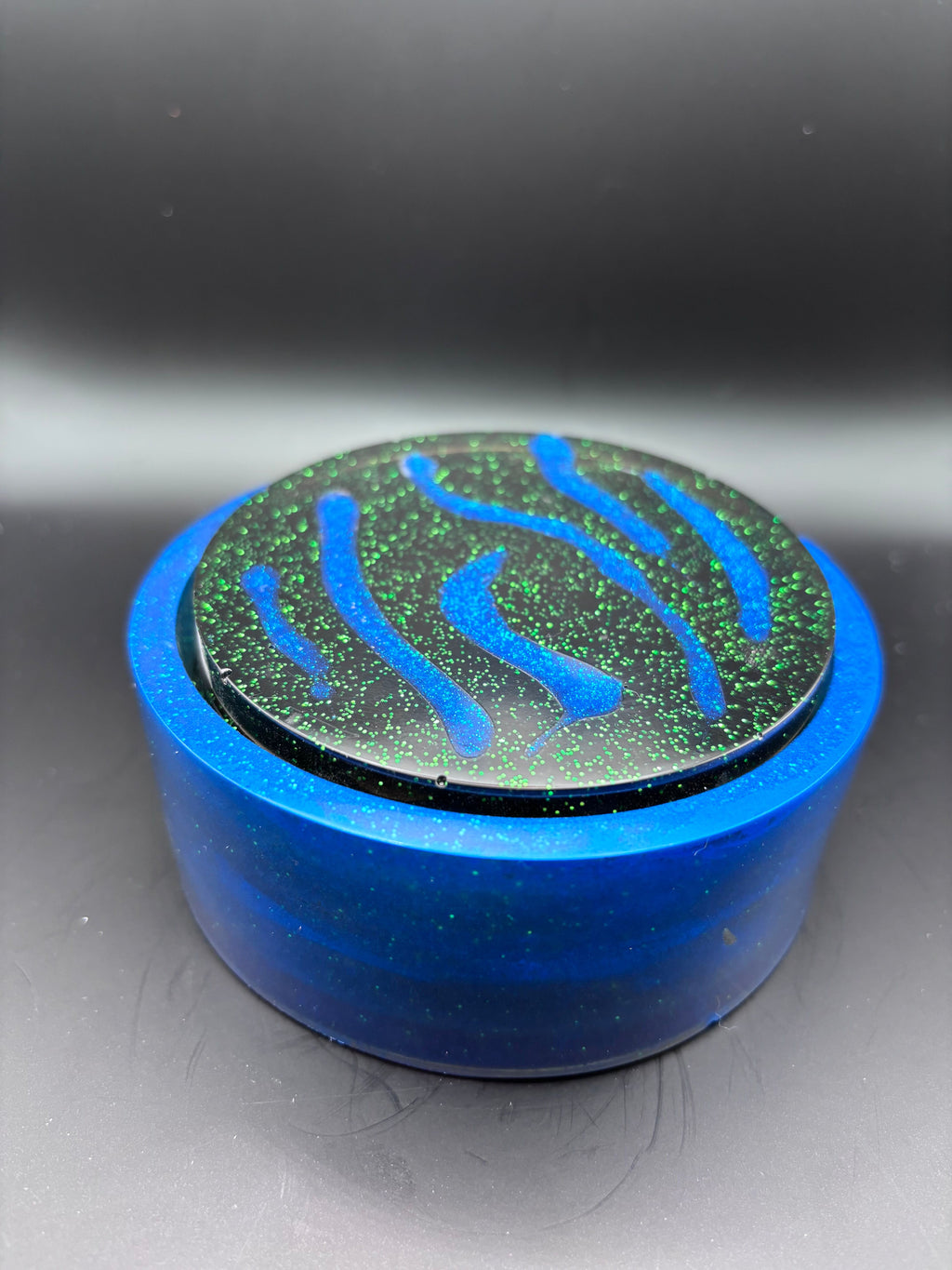 Resin Coasters with Green Sparkles and Blue Lines