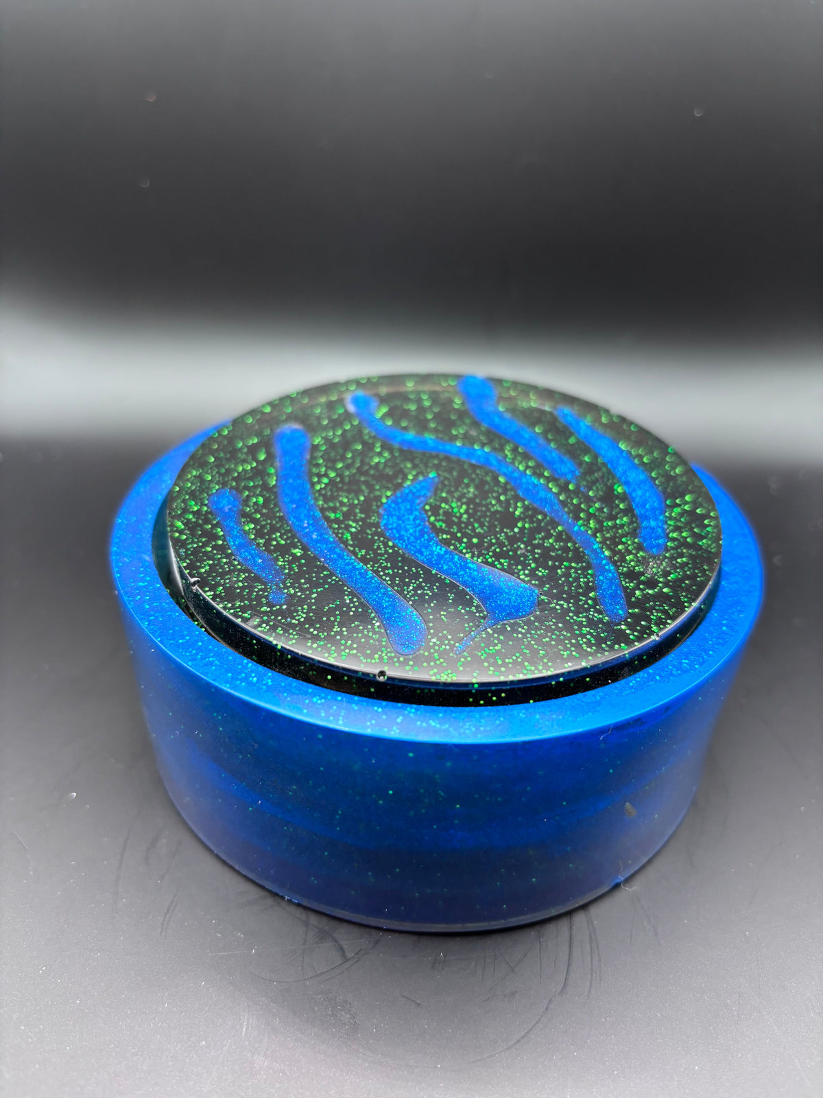 Resin Coasters with Green Sparkles and Blue Lines