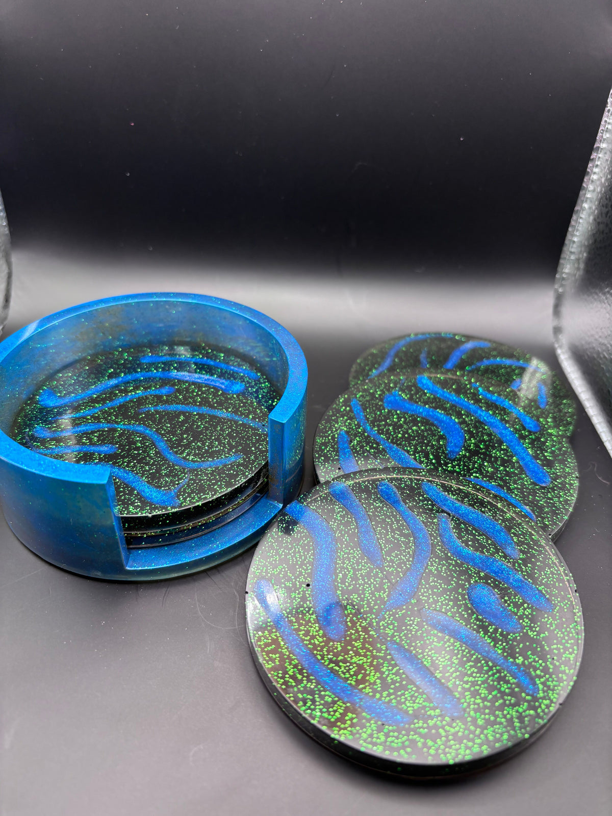 Resin Coasters with Green Sparkles and Blue Lines