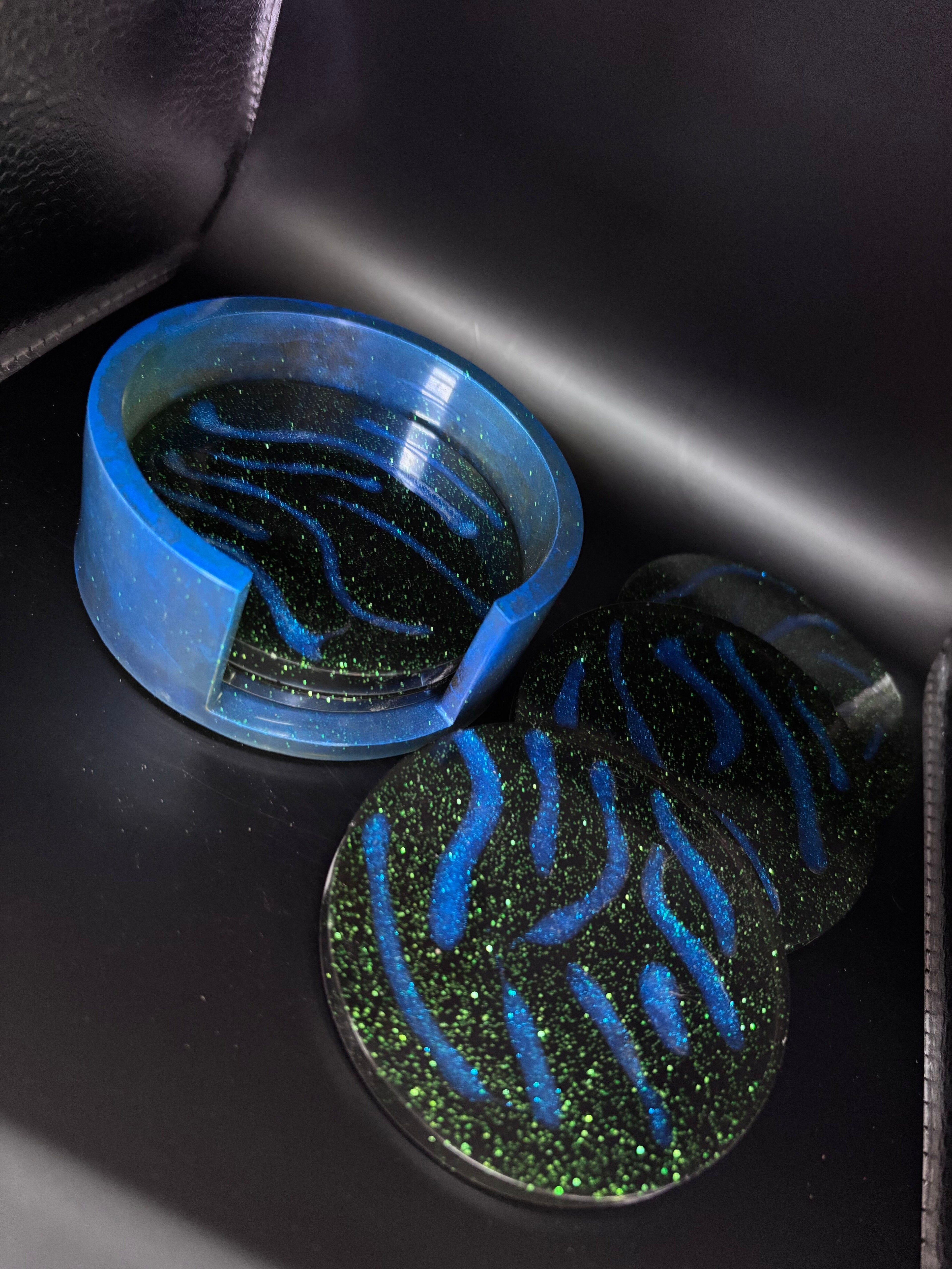 Resin Coasters with Green Sparkles and Blue Lines