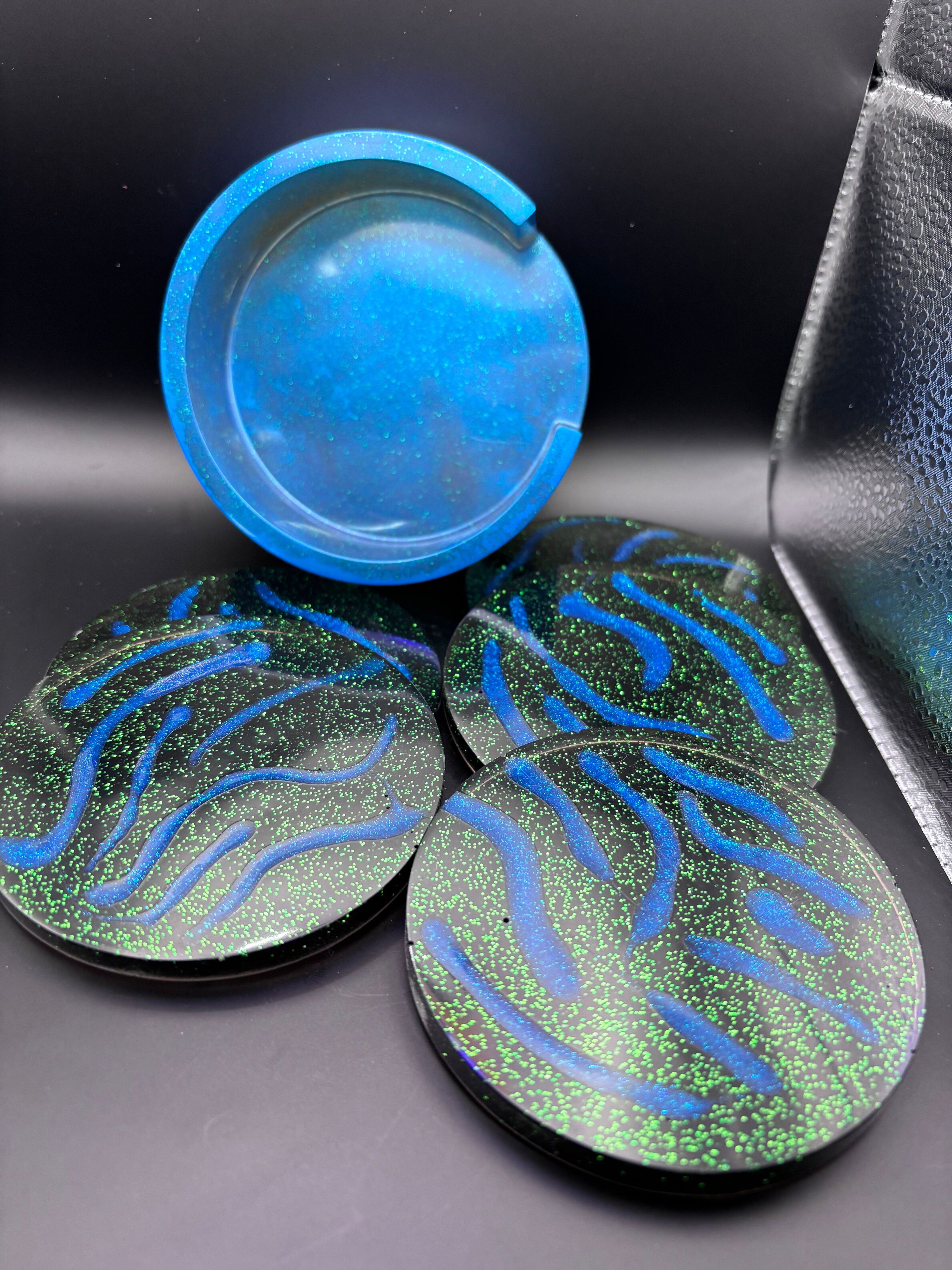 Resin Coasters with Green Sparkles and Blue Lines