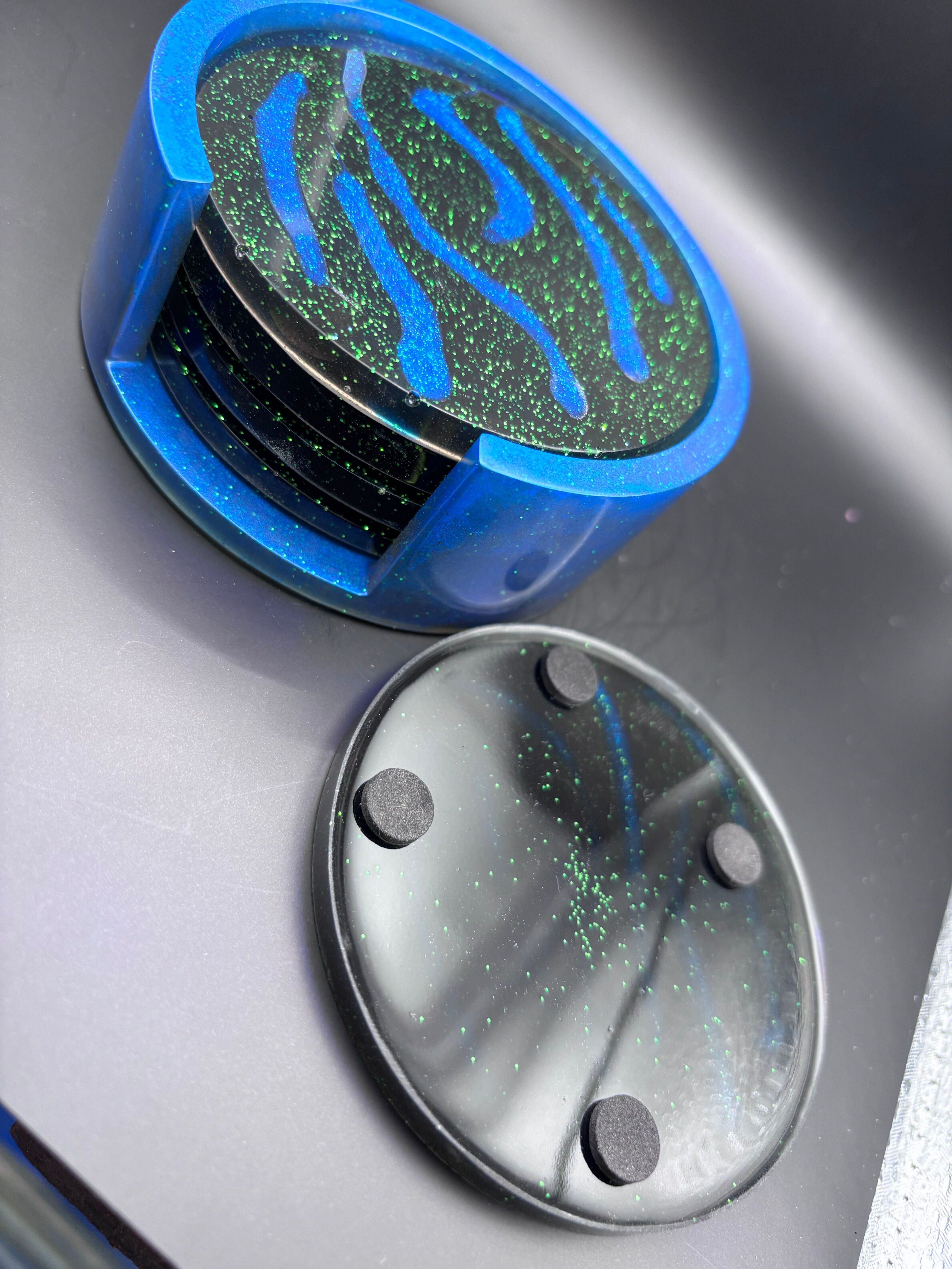 Resin Coasters with Green Sparkles and Blue Lines