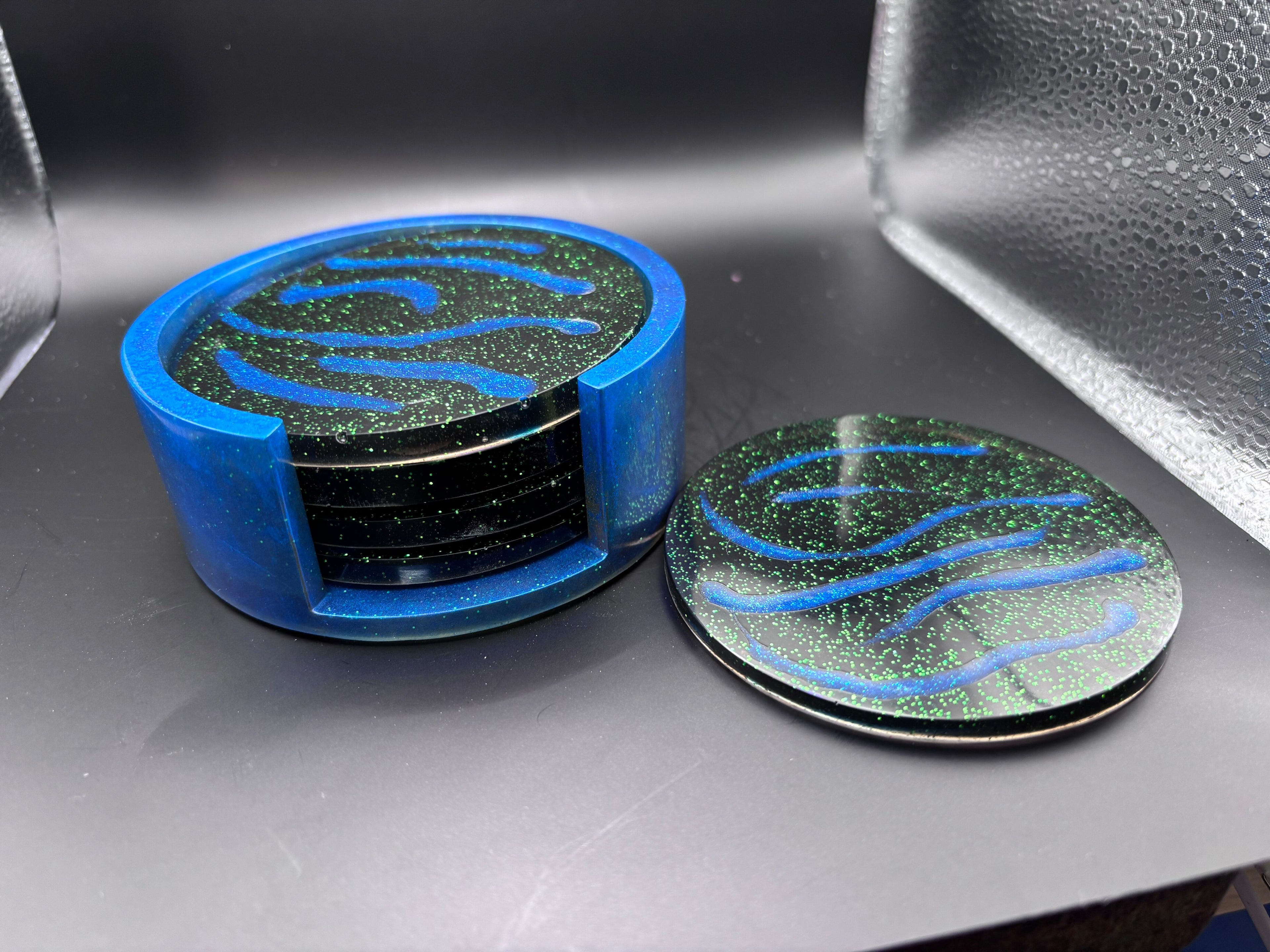 Resin Coasters with Green Sparkles and Blue Lines