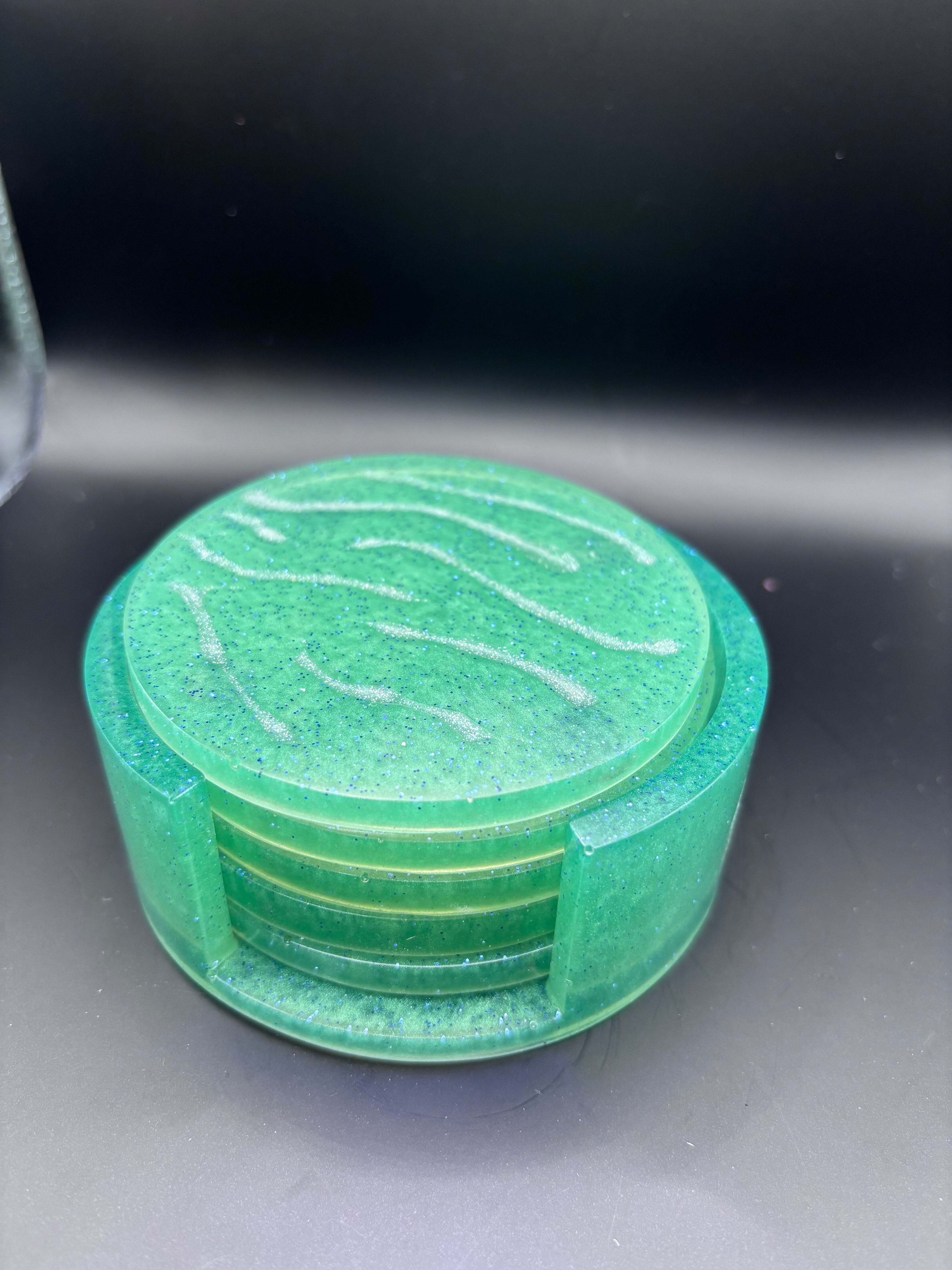 Resin Coaster Set with Sparkles and Silver Lines