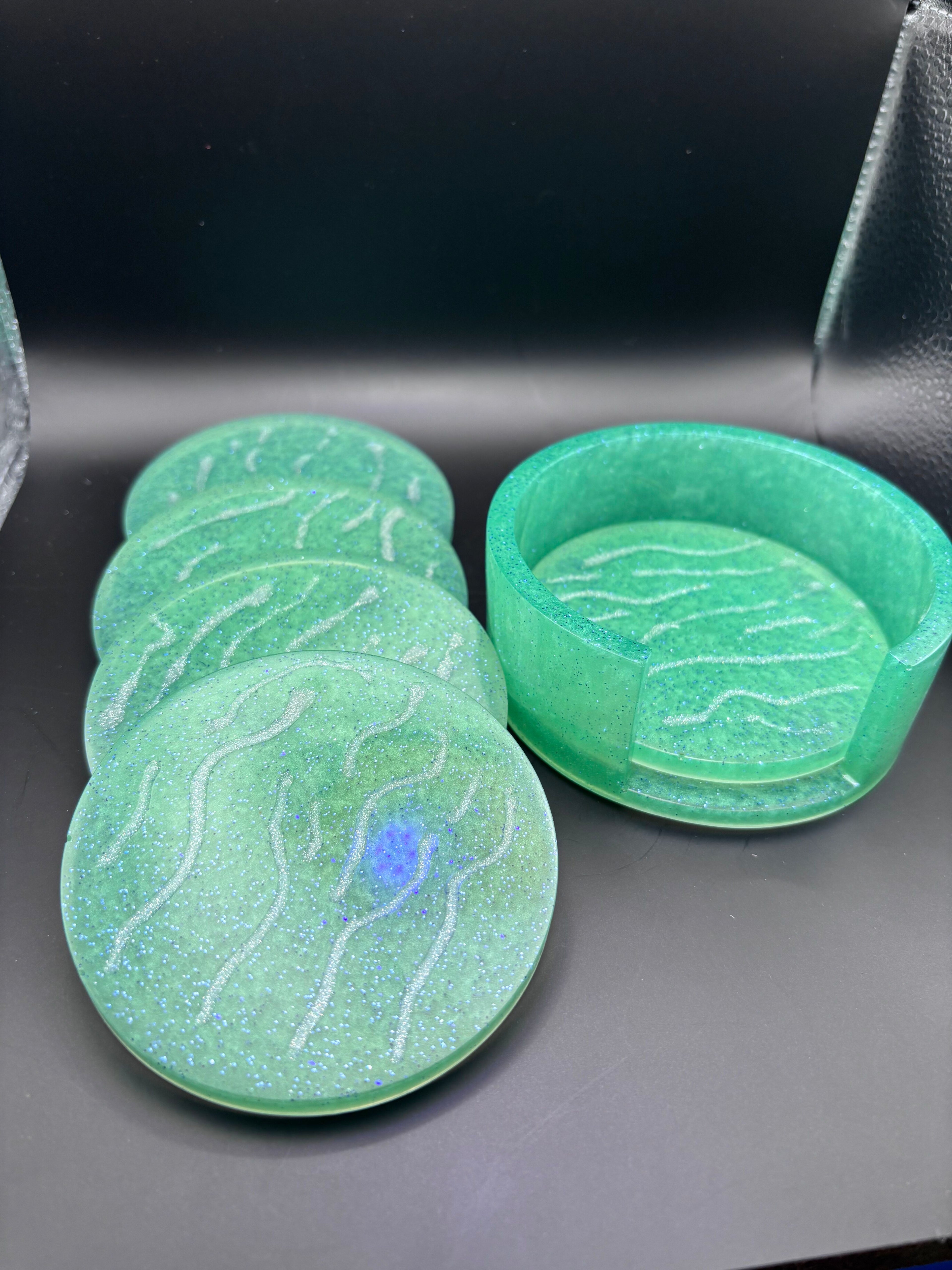 Resin Coaster Set with Sparkles and Silver Lines